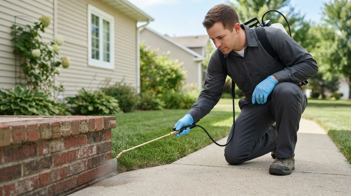 Pest control technician treating a home near Hillsboro, IA