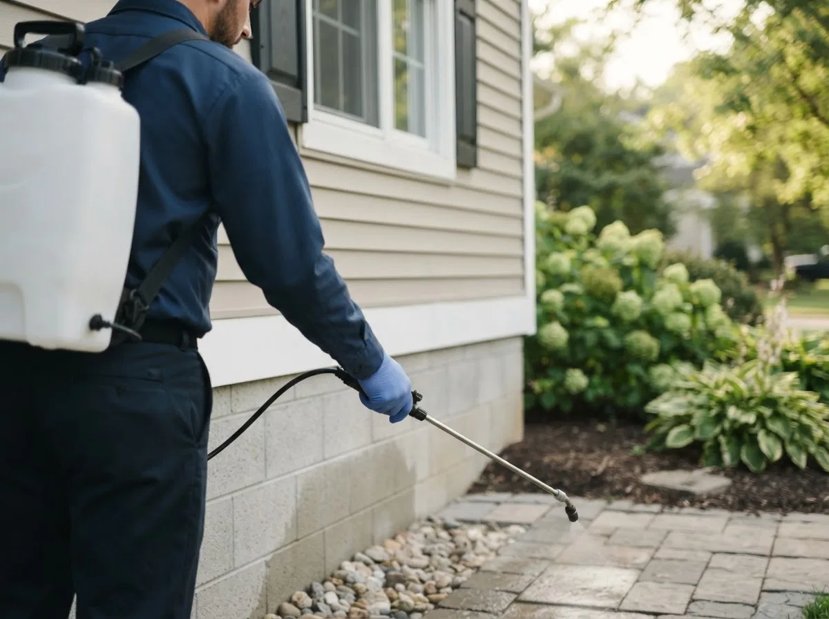 Pest control technician inspecting a home in Hillsboro, IA